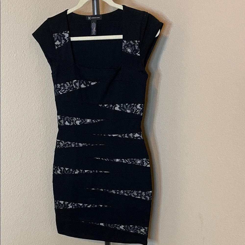 INC Black Mini Dress with White Lace Stripes